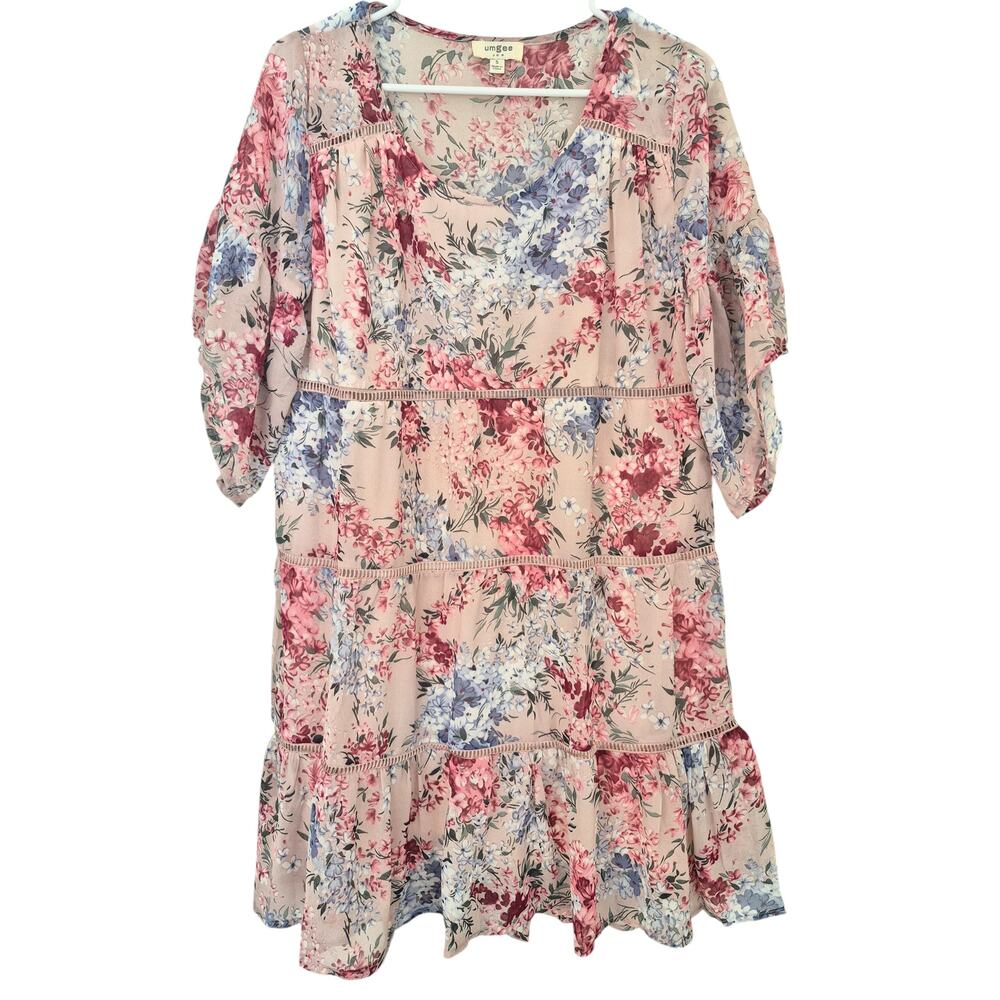 Umgee Knee Length Dress Small Floral Boho Bloomcore Pink Fairycore New Tiered - Picture 2 of 9